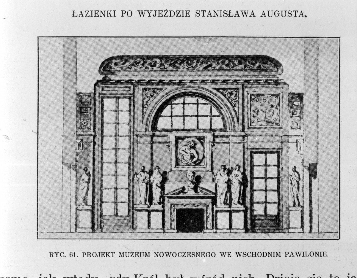 Łazienki Królewskie. Pałac na wodzie - jeden z projektów muzeum nowoczesnego w pawilonie wschodnim (koniec XVIII).
Reprodukcja z W. Tatarkiewicz "Pięć studiów o Łazienkach St. Augusta" 1925, skan 1