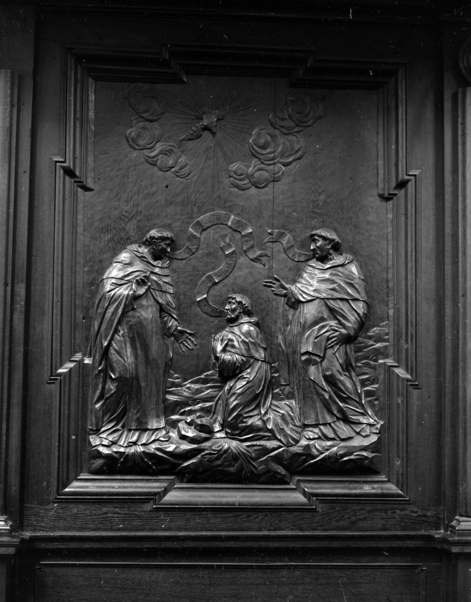 kościół klasztorny augustianów eremitów, ob. parafialny pw. św.św. Wacława, Doroty i Stanisława - wnętrze: stalle - zaplecek, płaskorzeźba, skan 1