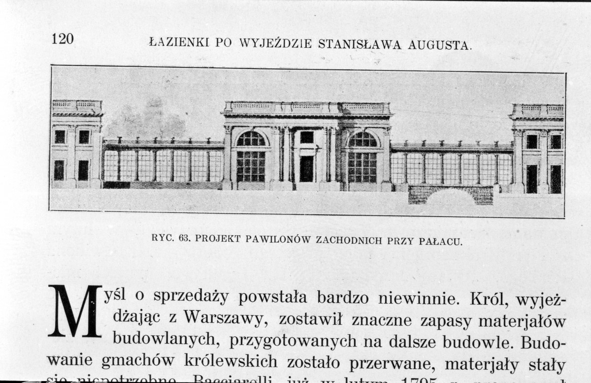 Łazienki Królewskie. Pałac na wodzie - jeden z projektów pawilonów zachodnich (nie zrealizowany)
Reprodukcja z W. Tatarkiewicz "Pięć studiów o Łazienkach St. Augusta" 1925, skan 1