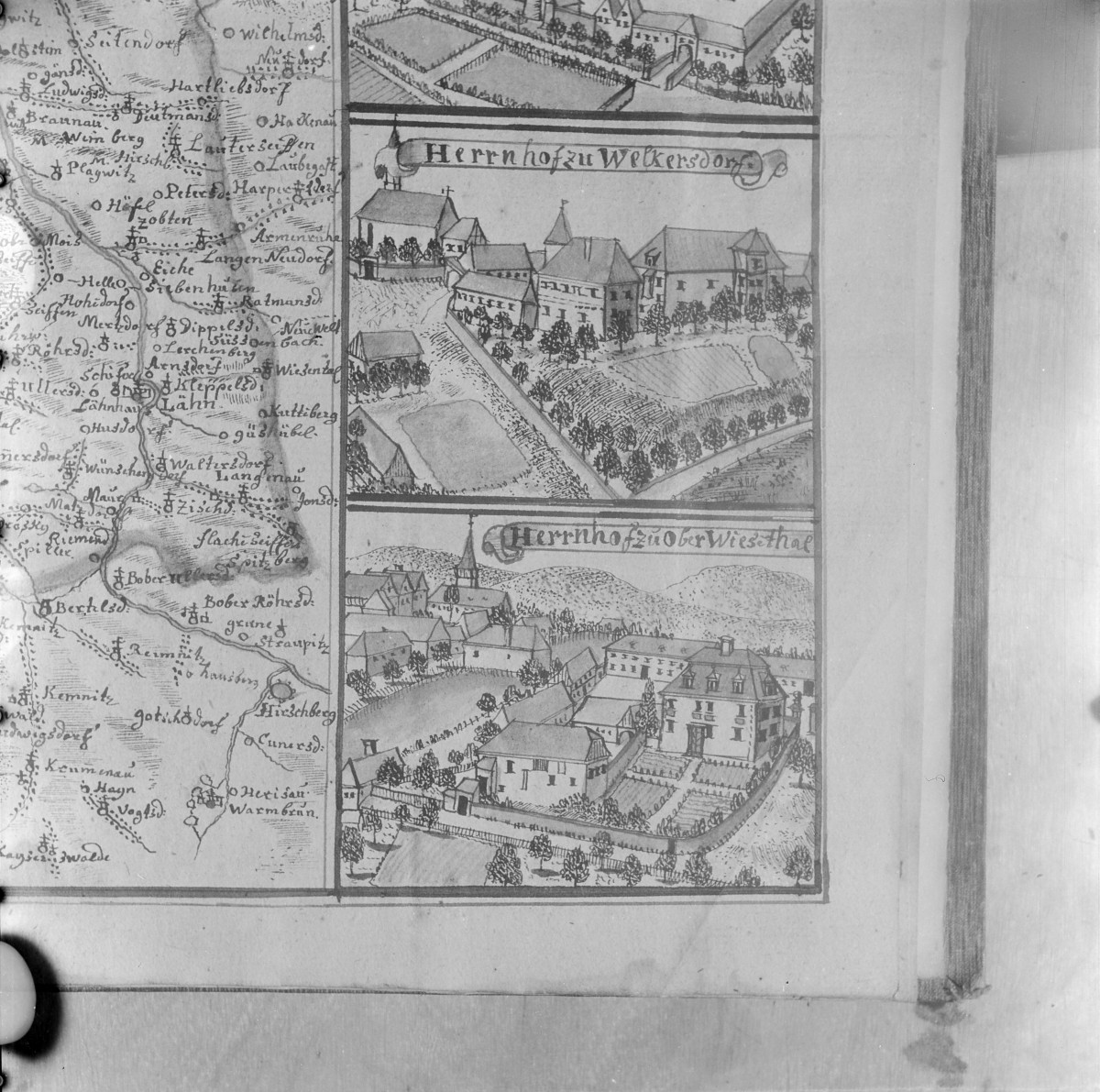 Założenie pałacowe. Rycina z "Topografii Śląska" autorstwa Friedricha Bernharda Wernera. , skan 1