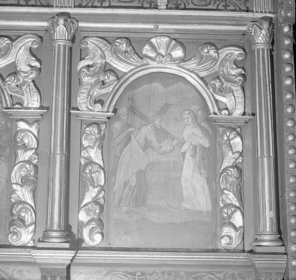 Kościół św. Jan Chrzciciela i św. Jana Ewangelisty - wnętrz: manierystyczne stalle, obraz ze sceną "Chrystus spotyka Marię", skan 1