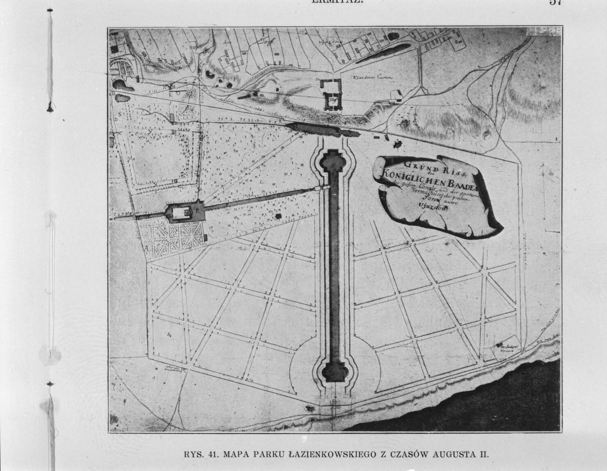Mapa parku Łazienkowskiego z czasów Augusta II.
Reprodukcja z W. Tatarkiewicz "Pięć studiów o Łazienkach St. Augusta" 1925., skan 1