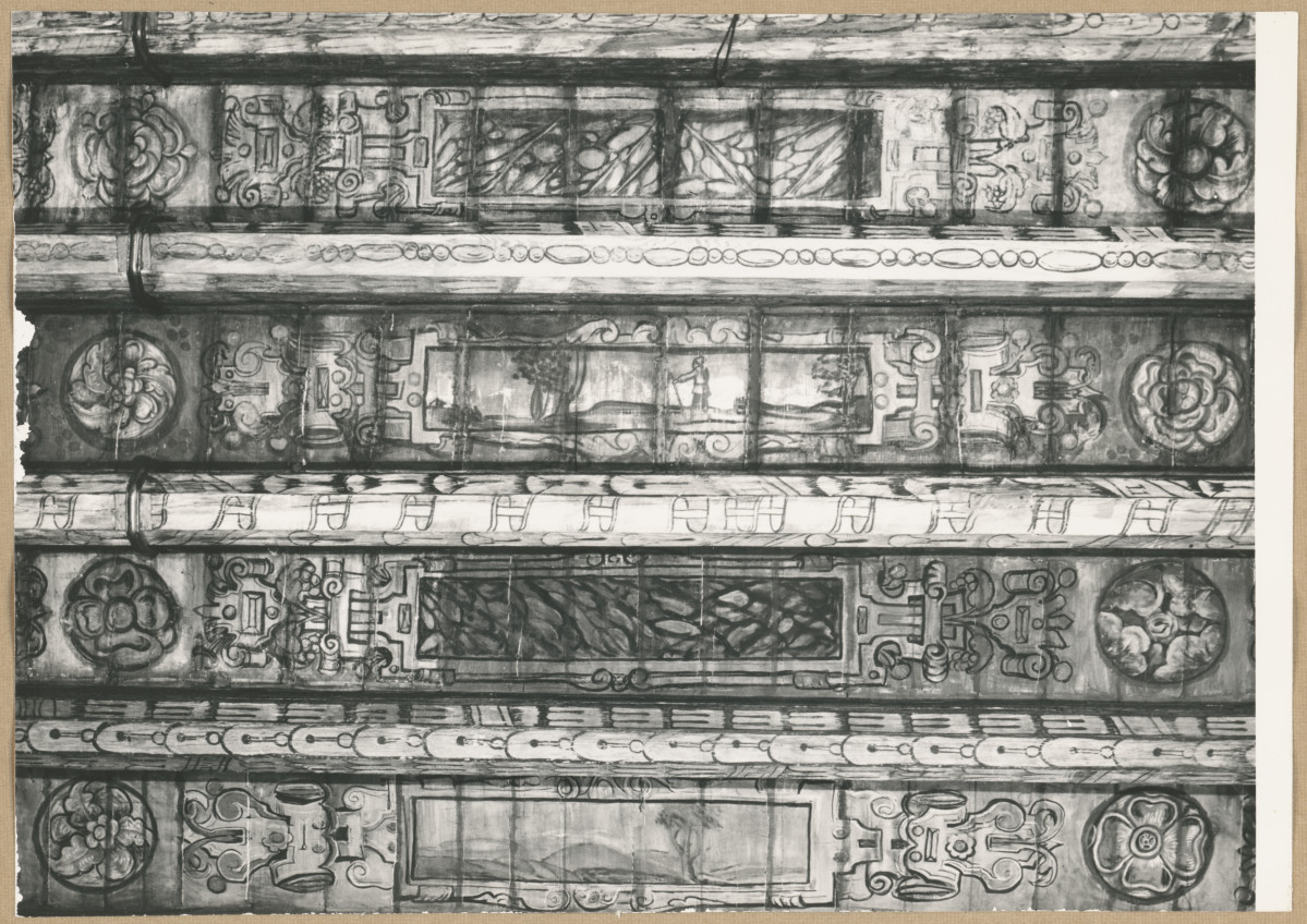 Pałac biskupów - wnętrze, d. sala jadalna, fragment polichromii stropu , skan 1