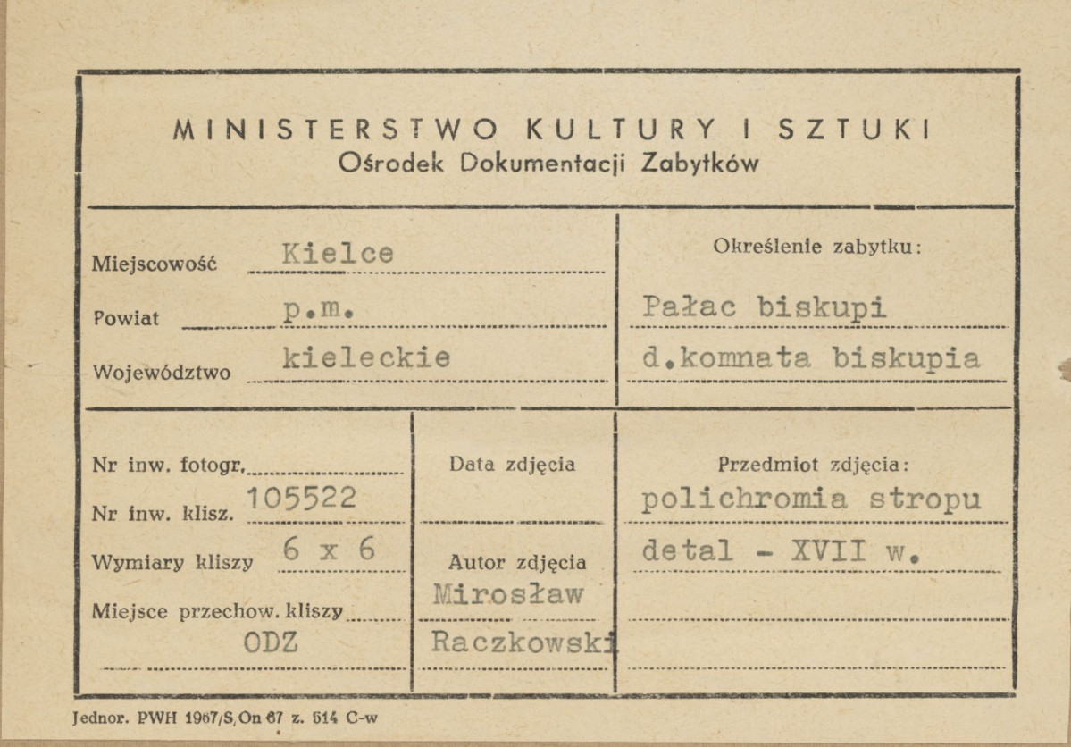 Pałac biskupów - wnętrze, d. komnata biskupia, fragment polichromii stropu - metryczka, skan 1