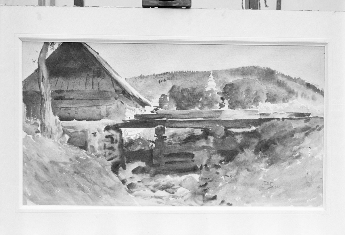 Muzeum Śląskie, obraz Fałat Julian, "Pejzaż z młynem", akwarela 320x965, skan 1