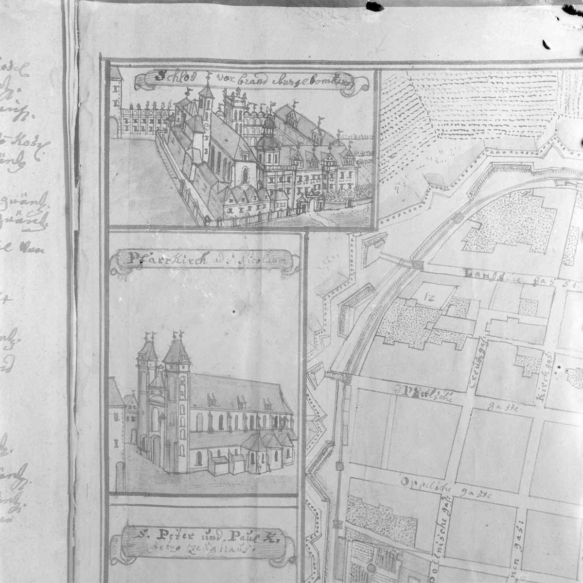 Rysunek, zamku i kościoła św. Michała. Rycina z "Topografii Śląska" autorstwa Friedricha Bernharda Wernera. , skan 1