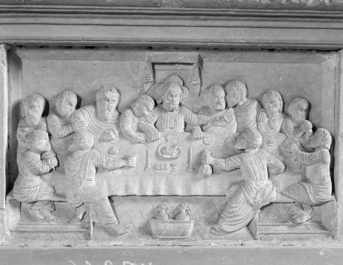 kościół filialny pw. Zaślubin Najświętszej Marii Panny - wnętrze: nagrobek renesansowy, "ostatnia wieczerza", fragment, skan 1