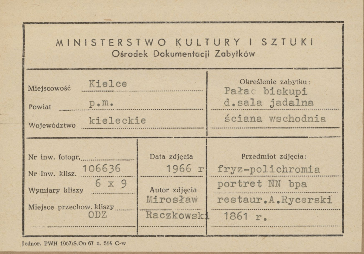 Pałac biskupów - wnętrze, d. sala jadalna, ściana wschodnia, fryz - polichromia, portret nieznanego biskupa - metryczka, skan 1