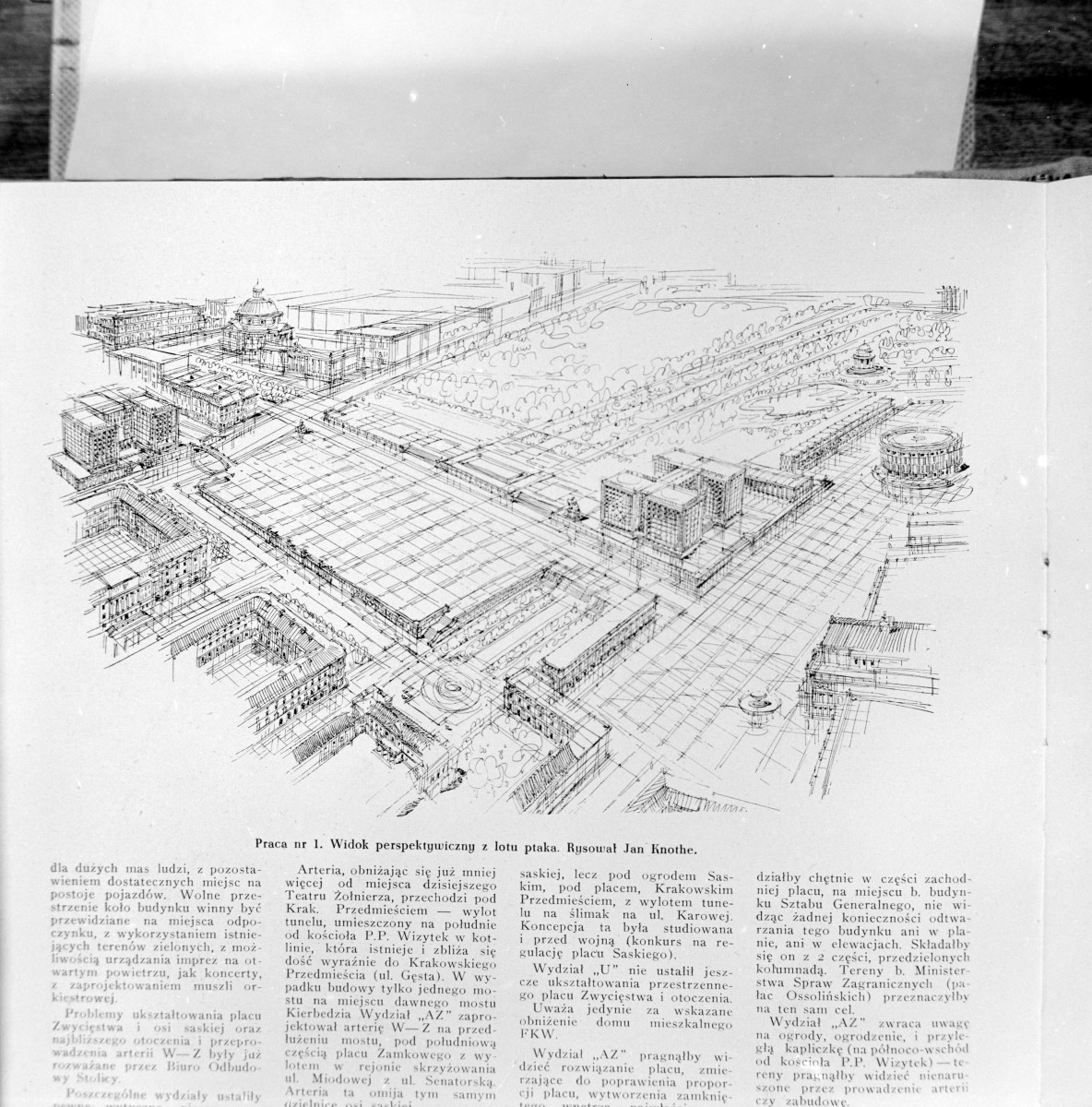 Praca nr. 1. WIdok perspektywiczny Ogrodu Saskiego, autorstwo Jan Knothe
źródło "Architektura" 8/9 1948 rok., skan 1