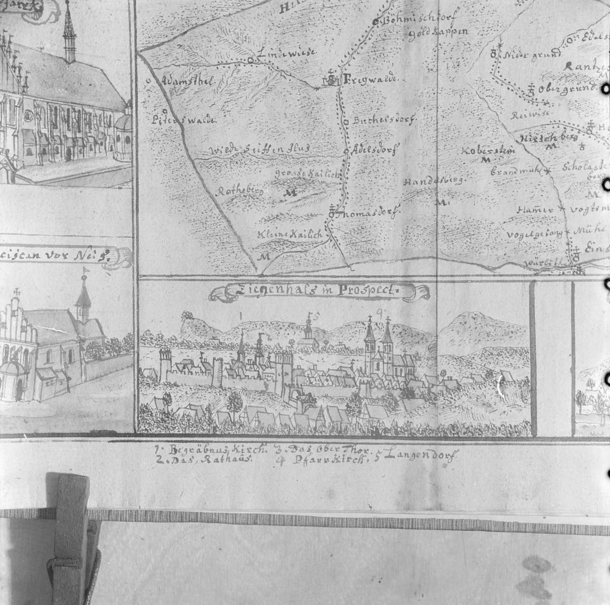 Panorama miasta. Rycina z "Topografii Śląska" autorstwa Friedricha Bernharda Wernera. , skan 1