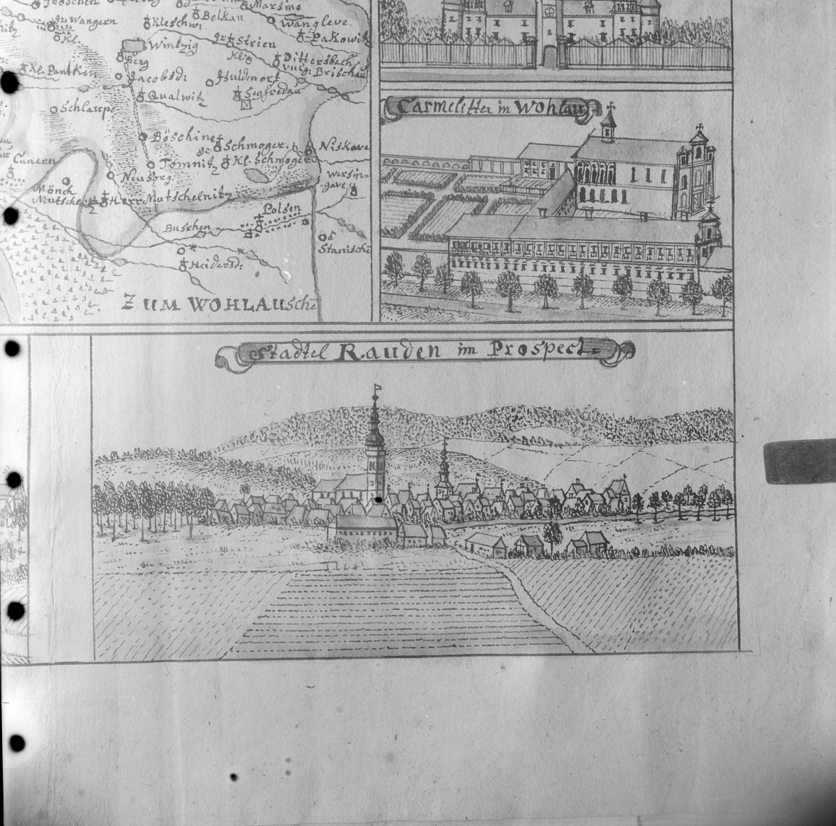 Panorama miasta. Rycina z "Topografii Śląska" autorstwa Friedricha Bernharda Wernera. , skan 1