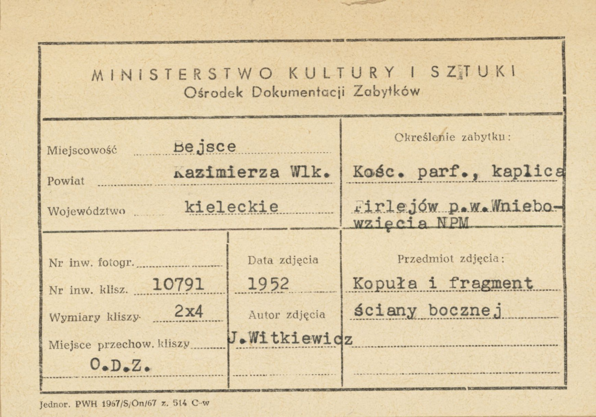 Kaplica Firlejów - widok na kopułę z latarnią i fryz - metryczka, skan 1