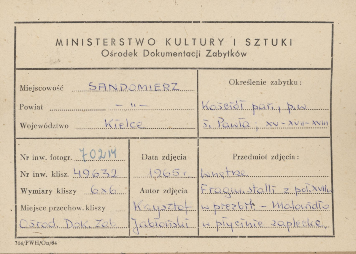 Kościół parafialny pw. św. Pawła - wnętrze, fragment stali, obraz na płycinie zaplecka - metryczka, skan 1