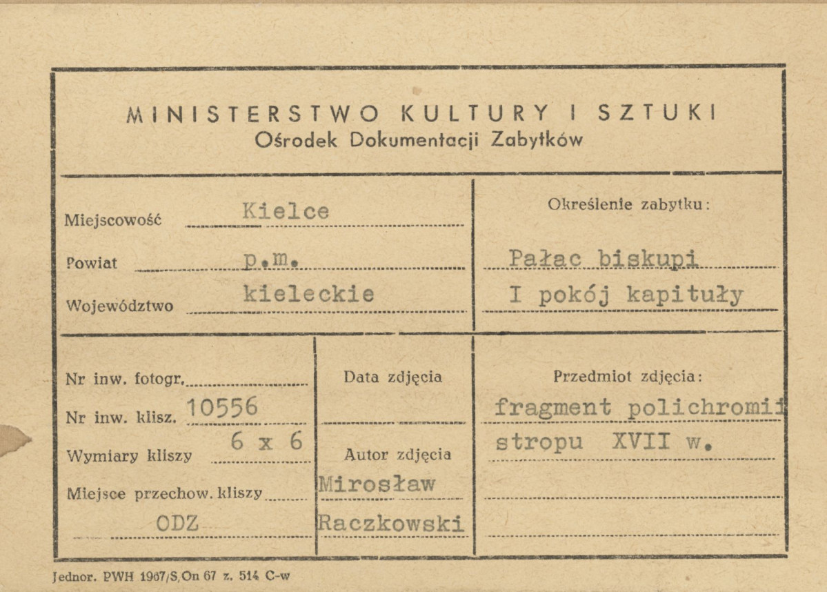 Pałac biskupów - wnętrze , I pokój kapituły,  fragment polichromii stropu - metryczka, skan 1