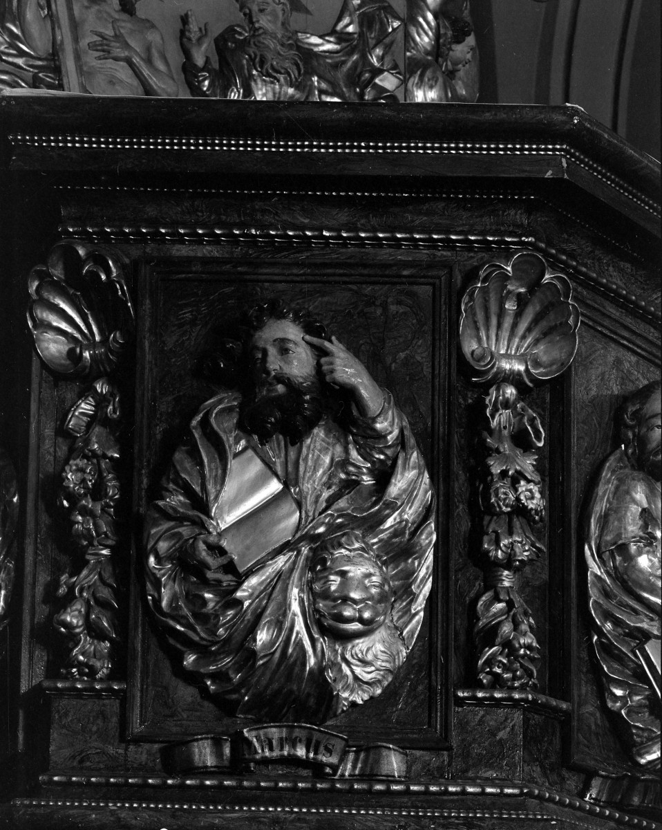 kościół pw. Wniebowzięcia Najświętszej Maryi Panny i św. Mikołaja - wnętrze - nawa główna - ambona - fragment św. Marek, skan 1