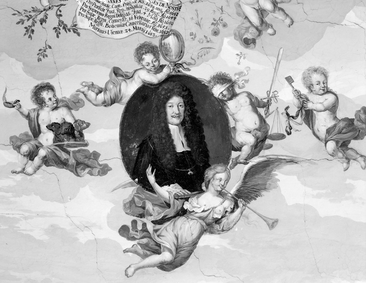 pałac - wnętrze: fragment polichromii plafonu sali (balowej) antenatów, skan 1