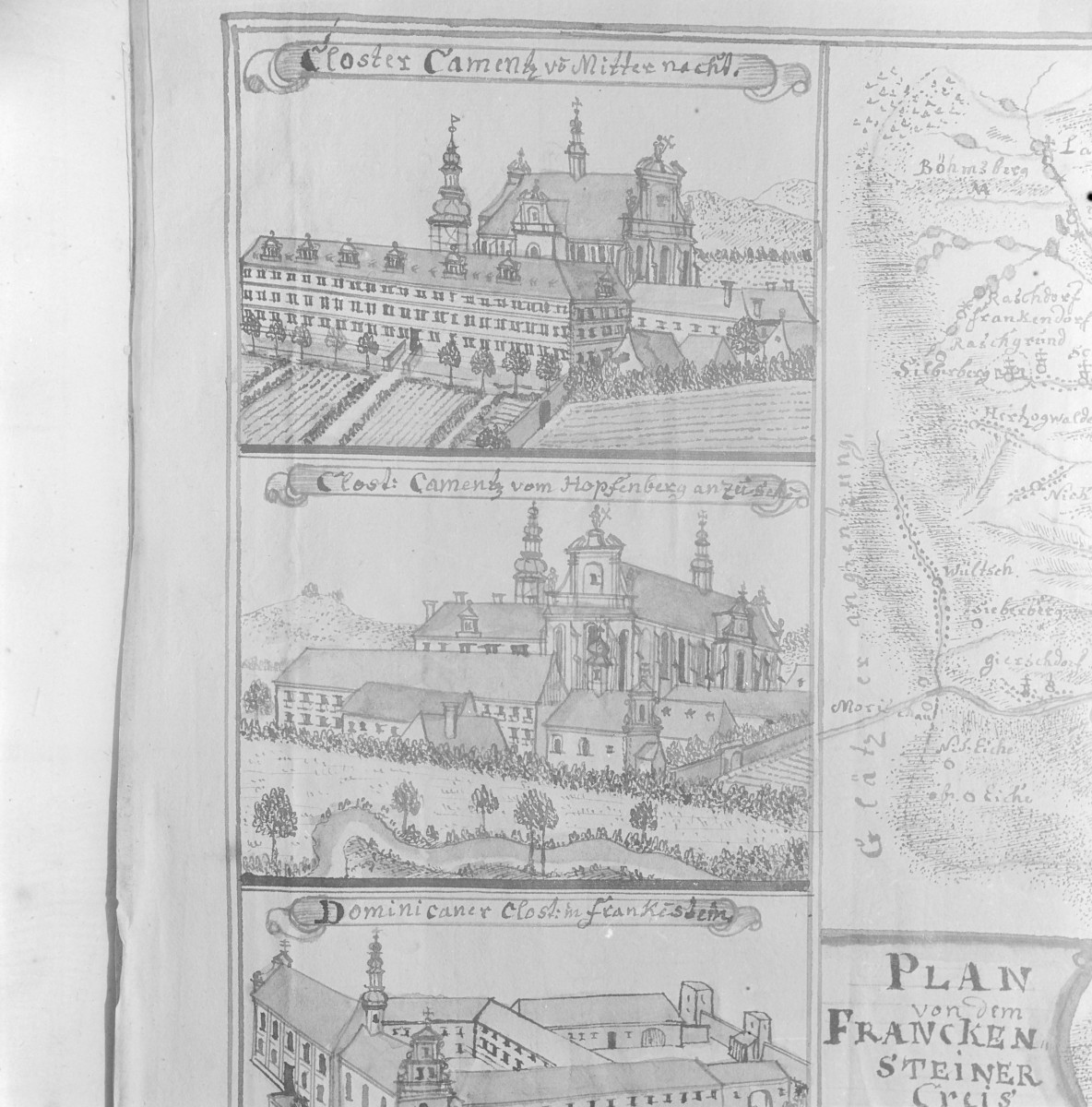 Zespół klasztorny. Rycina z "Topografii Śląska" autorstwa Friedricha Bernharda Wernera. , skan 1