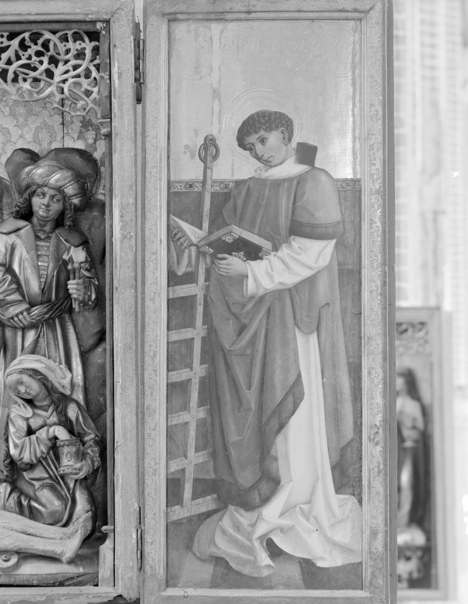 Kościół Najświętszej Marii Panny - wnętrze: tryptyk "Opłakiwanie Chrystusa", prawe skrzydło portret św. Wawrzyńca, skan 1
