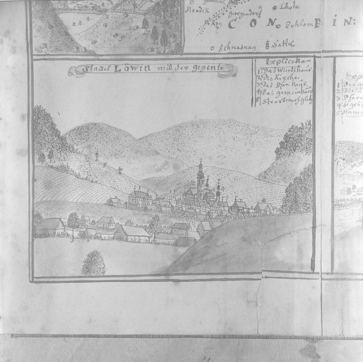 Panorama miasta. Rycina z "Topografii Śląska" autorstwa Friedricha Bernharda Wernera. , skan 1