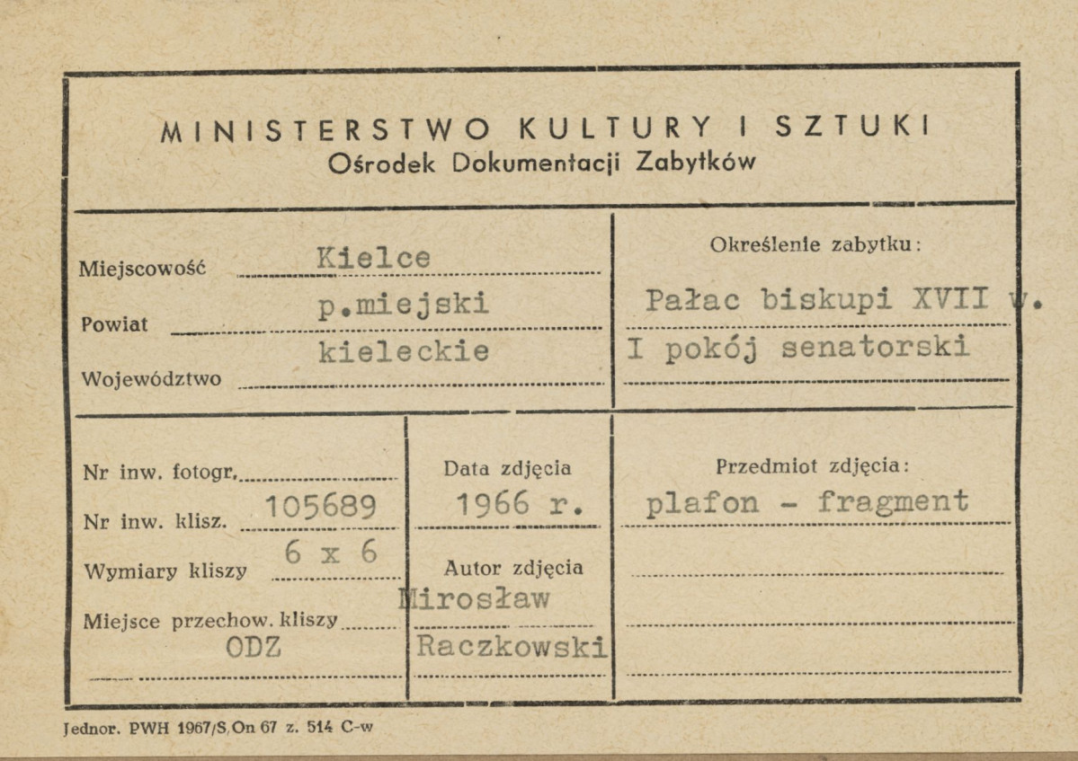 Pałac biskupów - wnętrze , I pokój senatorski , plafon, fragment  sceny środkowej -
przyjęcie posłów - metryczka, skan 1