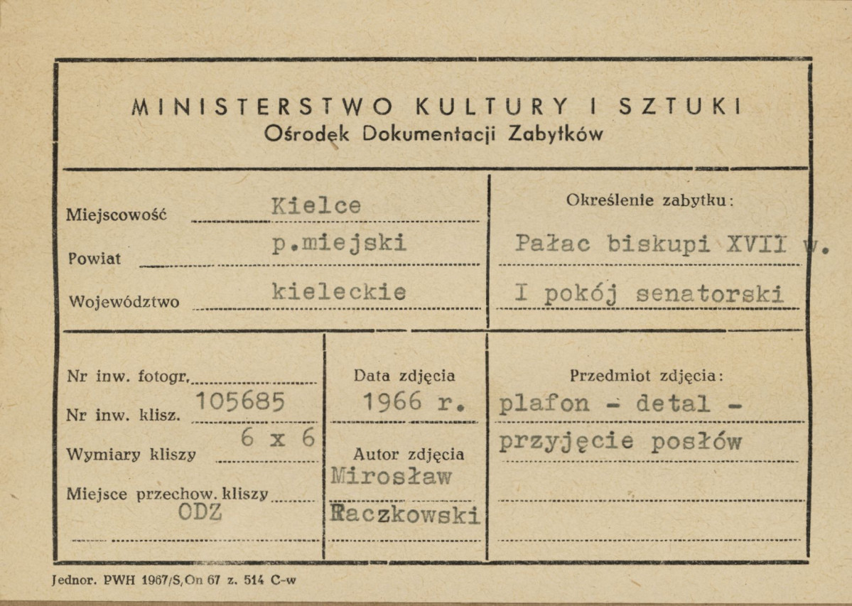 Pałac biskupów - wnętrze , I pokój senatorski , plafon, fragment  sceny środkowej -
przyjęcie posłów - metryczka, skan 1