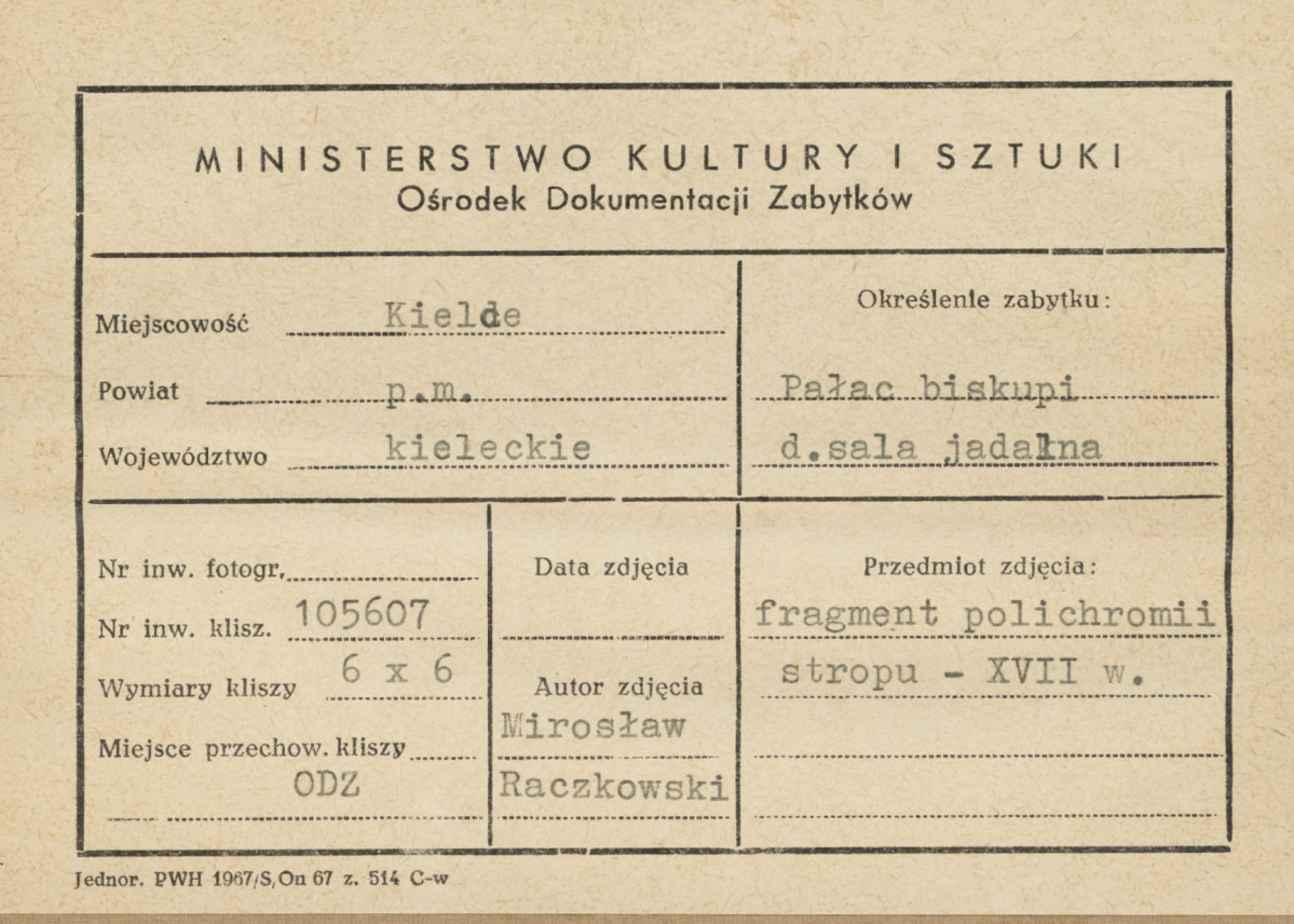 Pałac biskupów - wnętrze, d. sala jadalna, fragment polichromii stropu - metryczka, skan 1