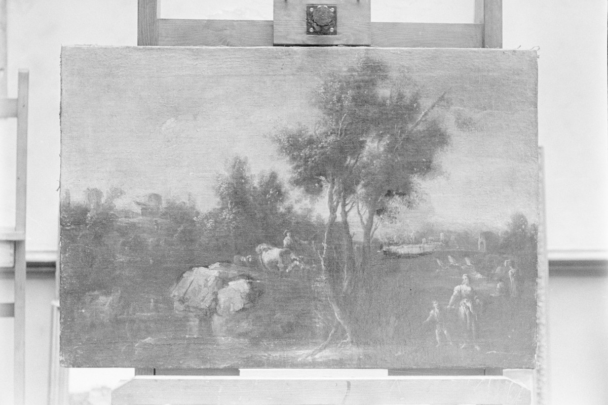 szkoła włoska XVIII w. - pejzaż ze sceną rodzajową, olej na płótnie, Muzeum Pomorskie w Gdańsku (ob. Muzeum Narodowe w Gdańsku), skan 1
