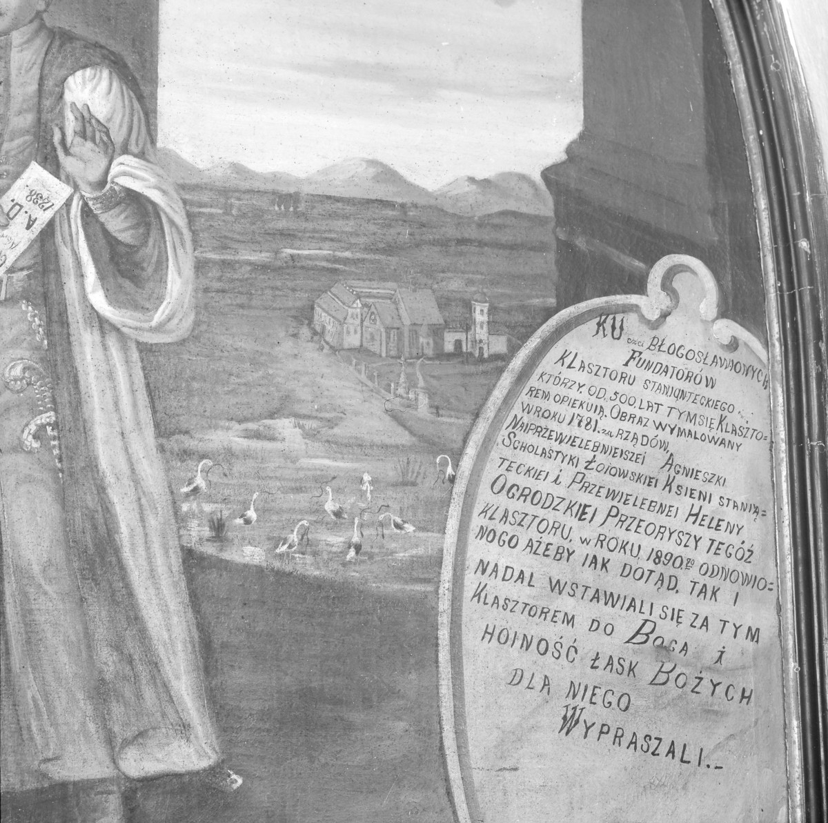 klasztor ss. Mniszek Benedyktynek - zbiory - obraz fundacyjny z XVIII w. - fragment z klasztorem, skan 1