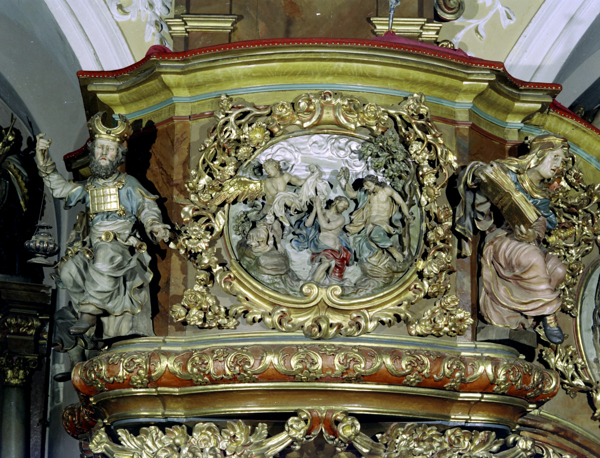 kościół pw. św. Jana Chrzciciela - wnętrze - nawa główna - ambona - fragment, skan 1