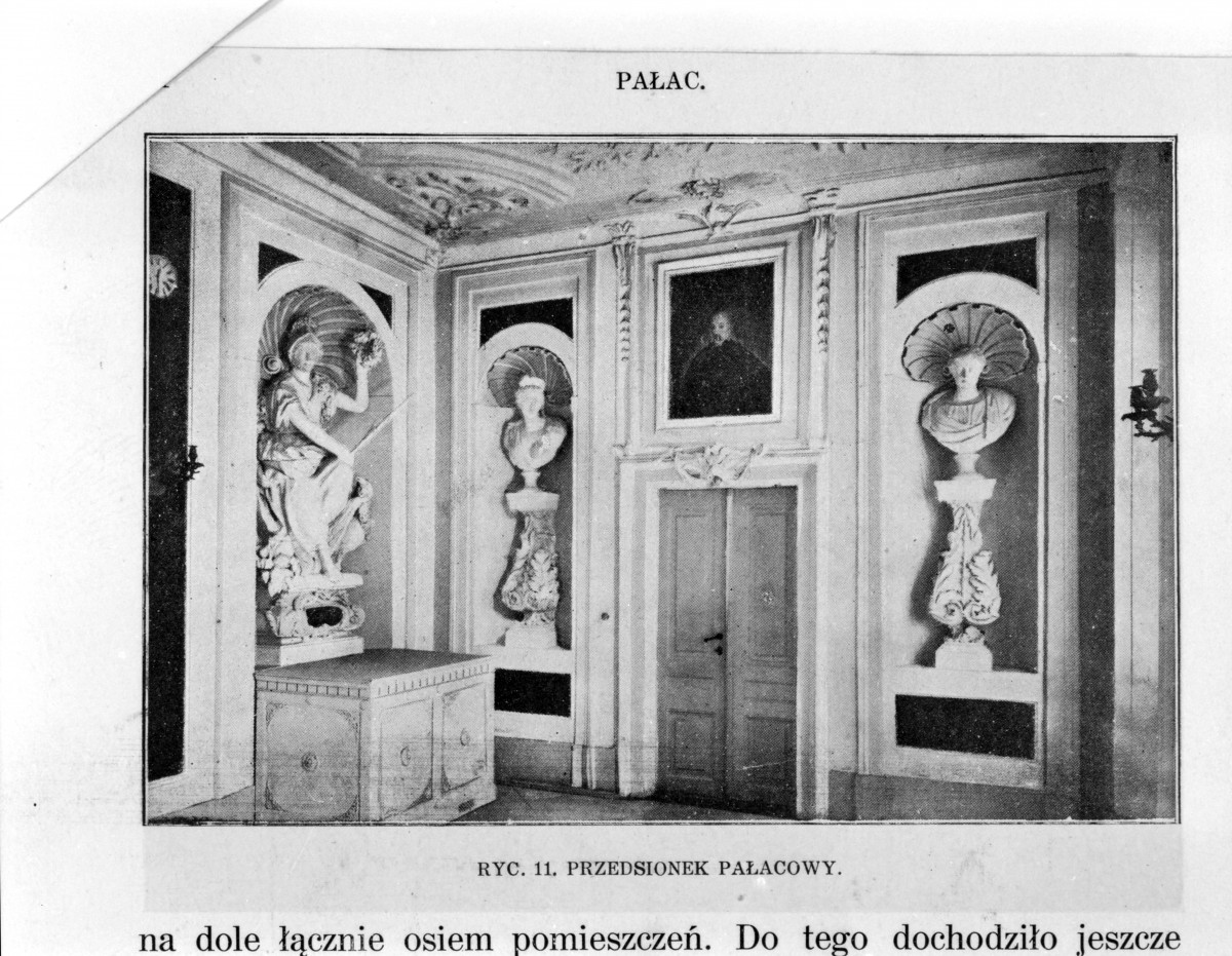 Łazienki Królewskie. Pałac na wodzie - przedsionek (1925).
Reprodukcja z W. Tatarkiewicz "Pięć studiów o Łazienkach St. Augusta" 1925, skan 1