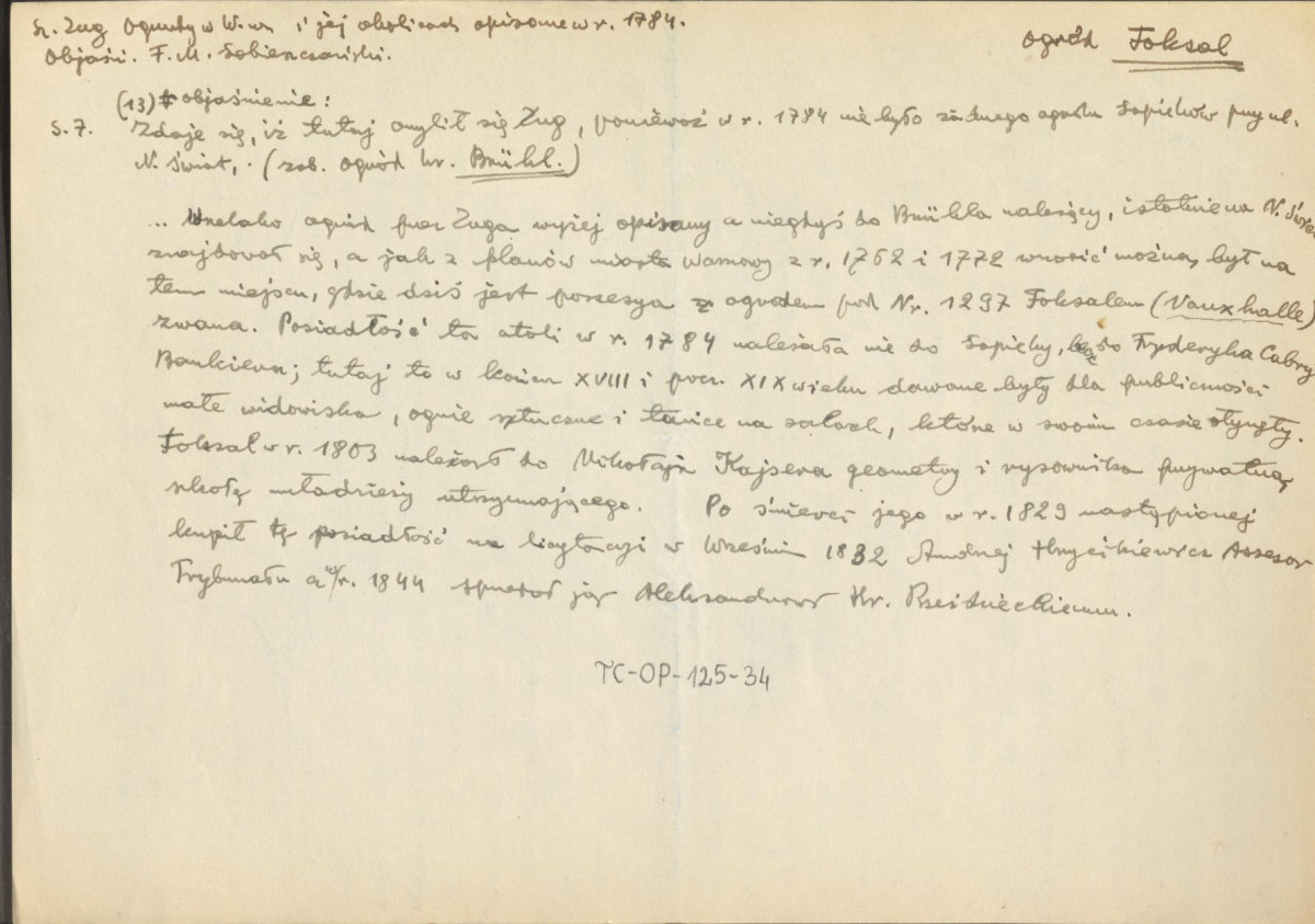 wypis z Zug S., "Ogrody w Warszawie i jej okolicach opisane w 1784", Warszawa 1898, na temat posiadłości zlokalizowanej w Warszawie, znaną pod nazwą Foksal (Vauxhall), skan 1