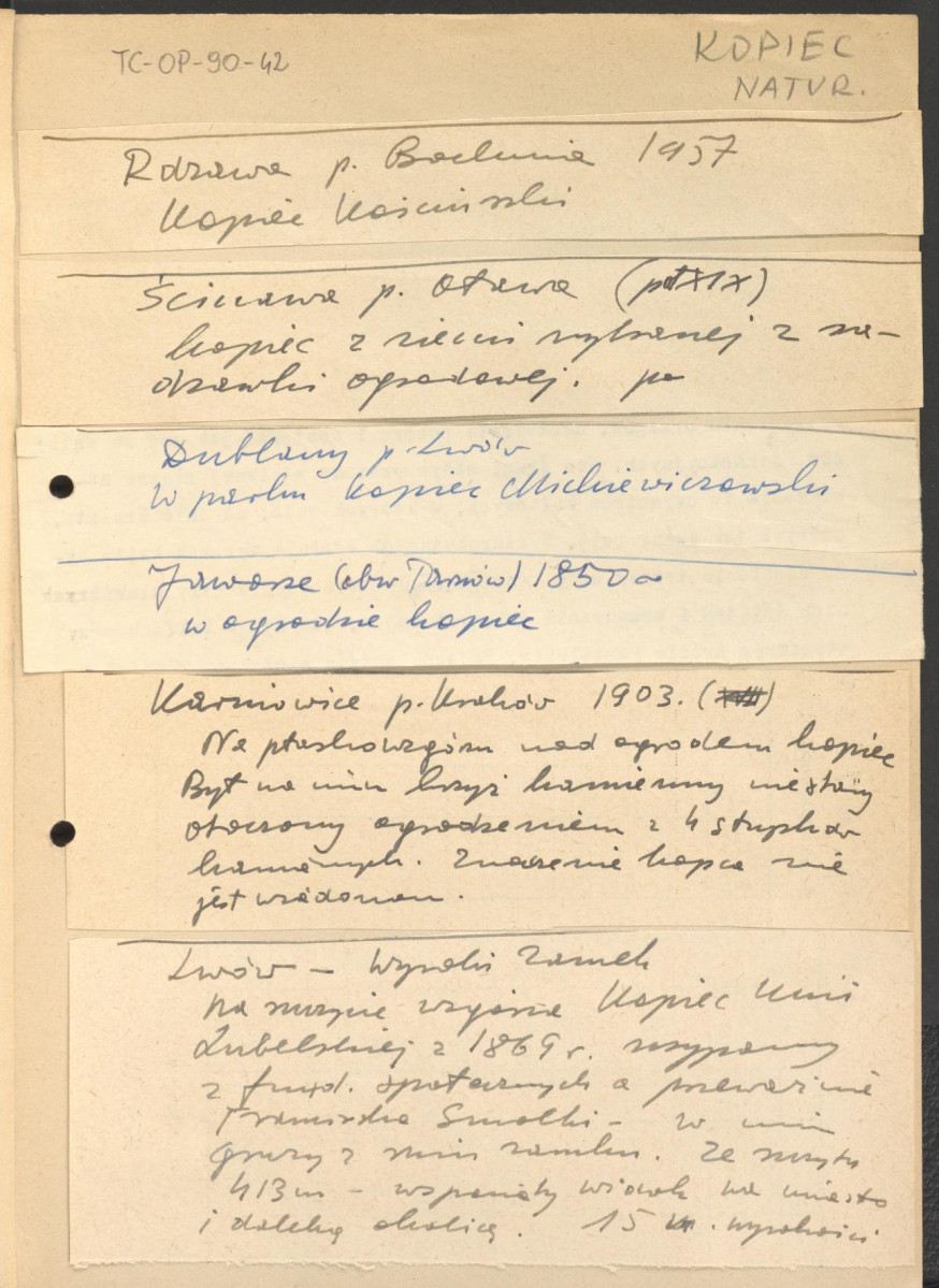 notatki dotyczące lokalizacji naturalnych kopców na terenie m.in. m. Niezdów, Kozłówka, Margonin, Milicz, Przeczno, Rdzawa, Ścinawa, Dublany, Jaworze, Karniowice, Lwów, skan 2