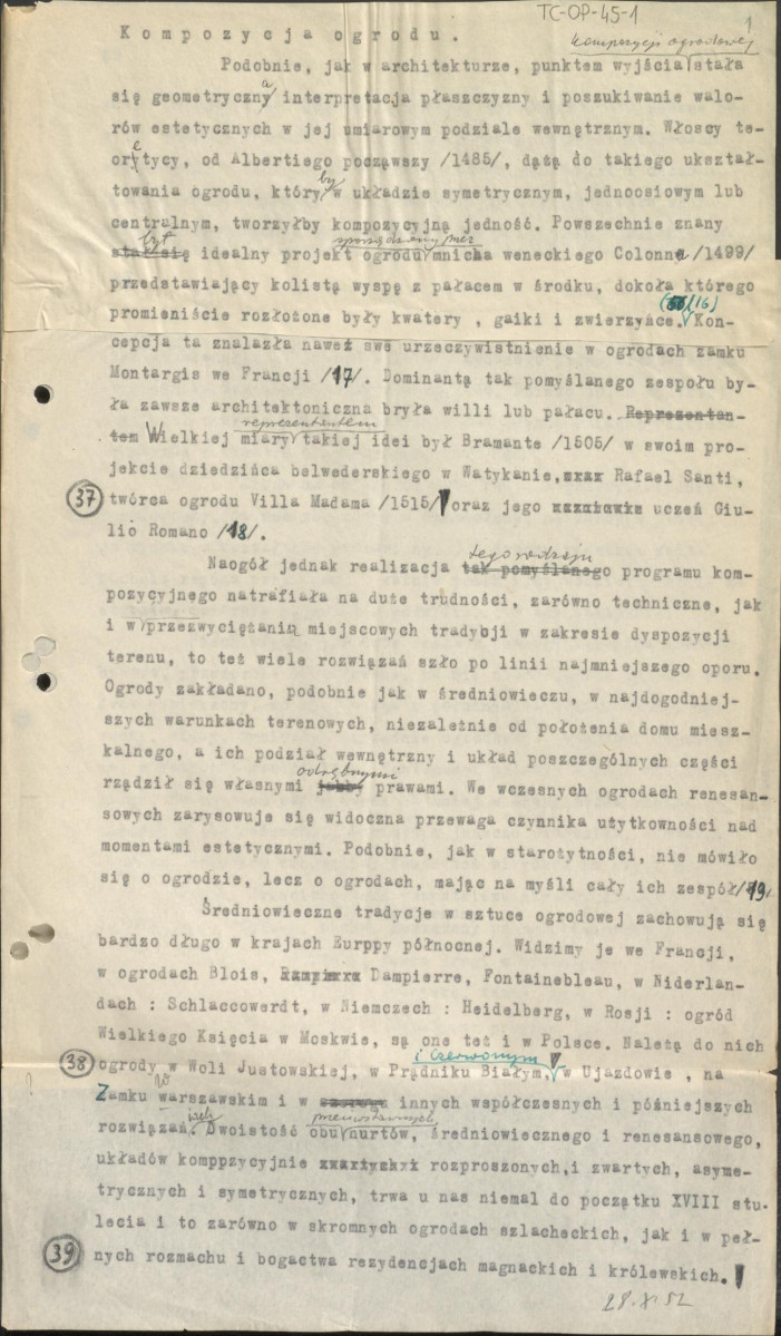 tekst, materiał roboczy do rozdziału II publikacji "Ogrody Polskie" (wyd. 1954). Fragment zaczynający się słowami: "Podobnie jak w architekturze…", skan 1