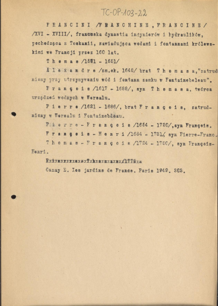 tekst, notatka do tematu "Francini, Franchine, Francine, XVI-XVIII - francuska dynastia inżynierów i hydraulików" - lista członków rodziny, skan 1