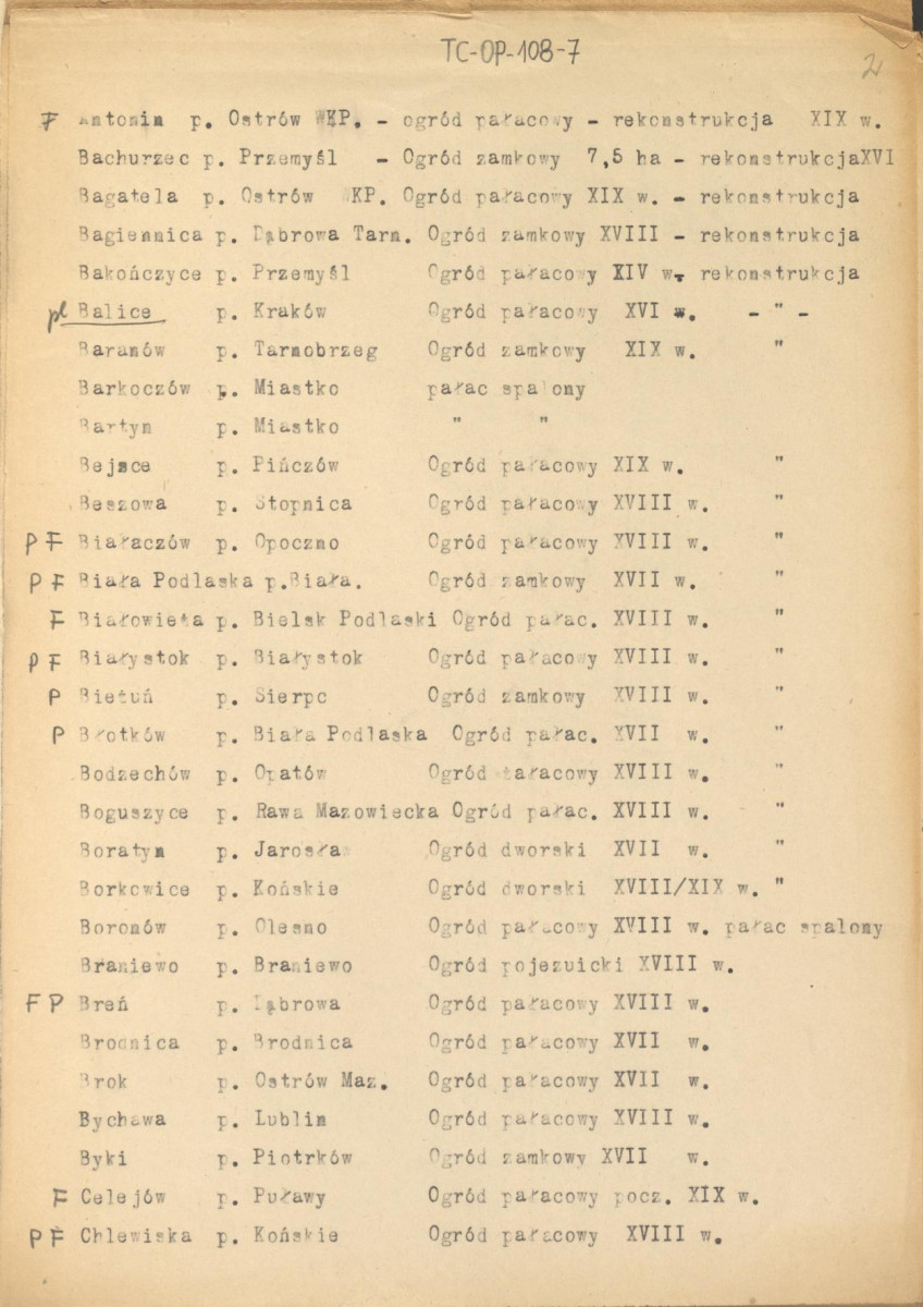 wykaz miejscowości oraz spis powiatów, tabela chronologiczno-topograficzna, lista założeń pałacowo-ogrodowych A-G, spis powiatów w województwach, materiał roboczy, skan 2