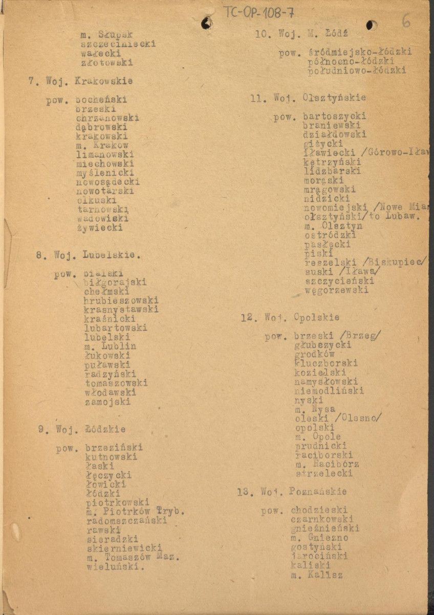 wykaz miejscowości oraz spis powiatów, tabela chronologiczno-topograficzna, lista założeń pałacowo-ogrodowych A-G, spis powiatów w województwach, materiał roboczy, skan 6