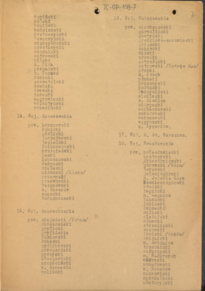 wykaz miejscowości oraz spis powiatów, tabela chronologiczno-topograficzna, lista założeń pałacowo-ogrodowych A-G, spis powiatów w województwach, materiał roboczy, skan 7