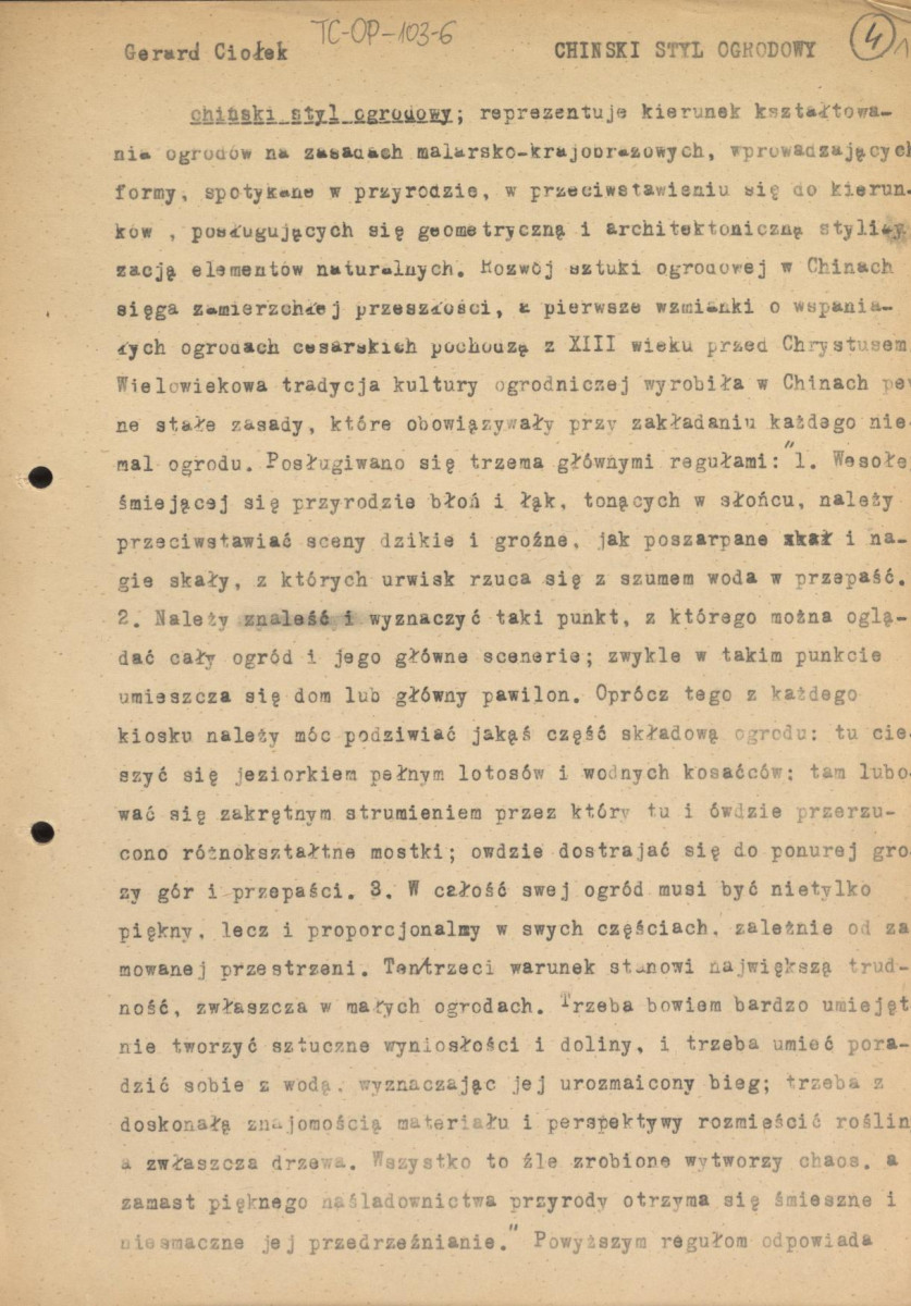 materiał roboczy do tematu: "Chiński styl ogrodowy", m.in. obszerne cytaty umieszczone w publikacjach „Ogrody Polskie” i „Zarys historii kompozycji ogrodowej” oraz rysunki na odwrocie karty wraz z opisem ukształtowań terenu, skan 1