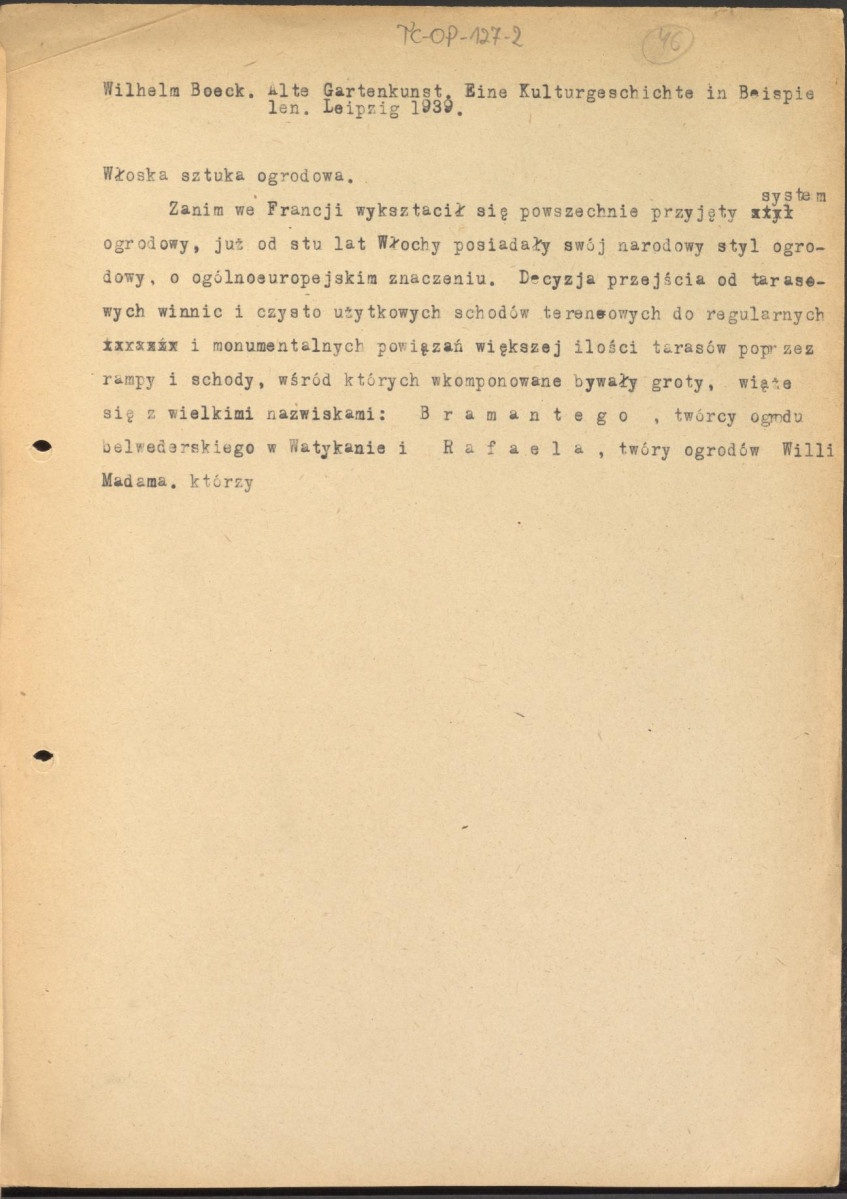 tekst, materiał roboczy stanowiący szczegółowe wypisy na temat założeń ogrodowych w stylu włoskim oraz karty w formie brudnopisu, przygotowane do usupełnienia (?) zawierające przykłady obiektów i architektów tego stylu, także w nawiązaniu do sztuki ogrodowej w Polsce, skan 25