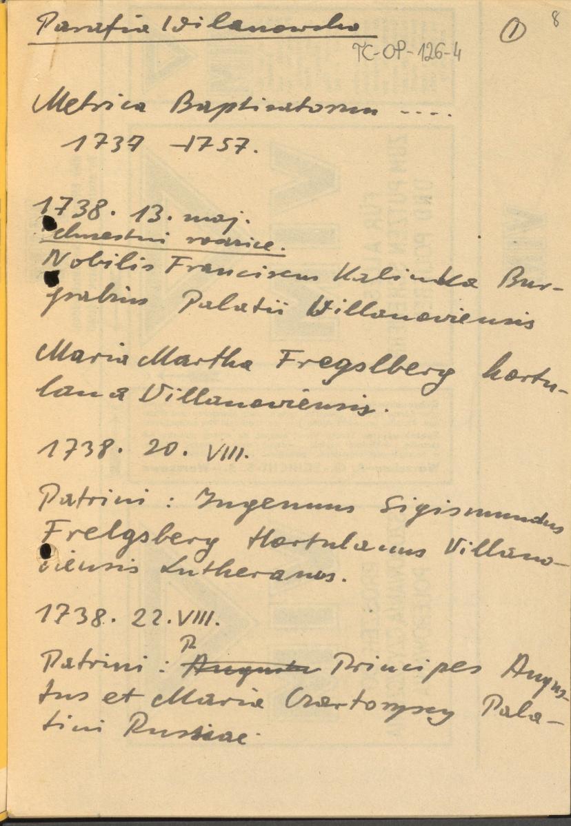 odręczne notatki informujące nt. parafii wilanowskiej (w tym nt. kościoła, cmentarza, kaplicy, dzwonnicy, jak też wypisy z metryk chrzcielnych) spisane w języku polskim i łacińskim, skan 8