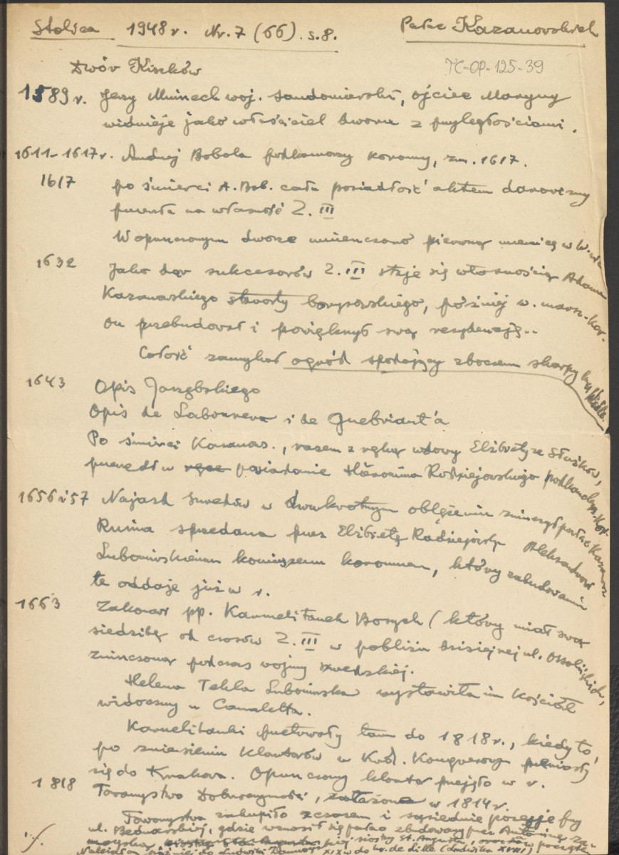 wypis z czasopisma "Stolica", 1948, nr. 7 (66), s.8 na temat historii Pałacu Kazanowskich, chronologia wydarzeń, skan 1