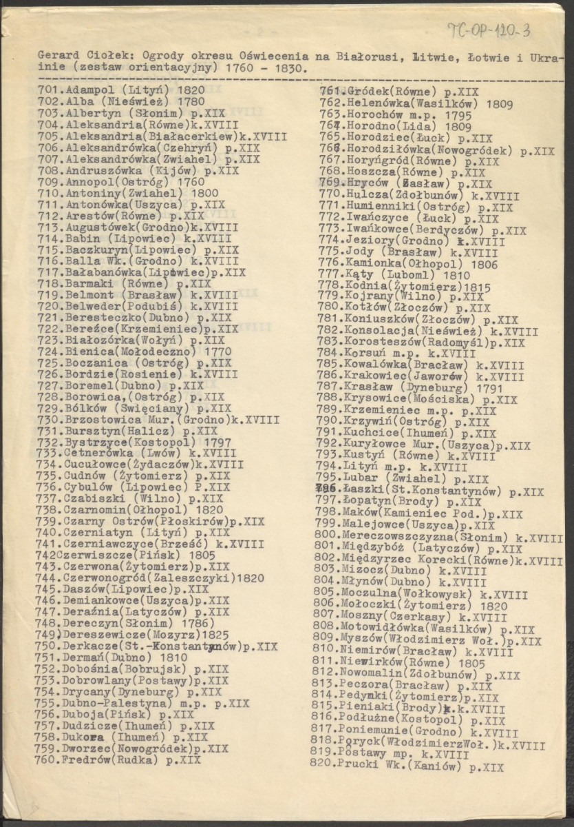 Lista zawieracjąca alfabetyczne, orientacyjne zestawienie miejscowości, w których znajdują się założenia ogrodów doby oświecenia na terenie Białorusi, Litwy, Łotwy i Ukrainy (trzy egzemplarze), skan 1