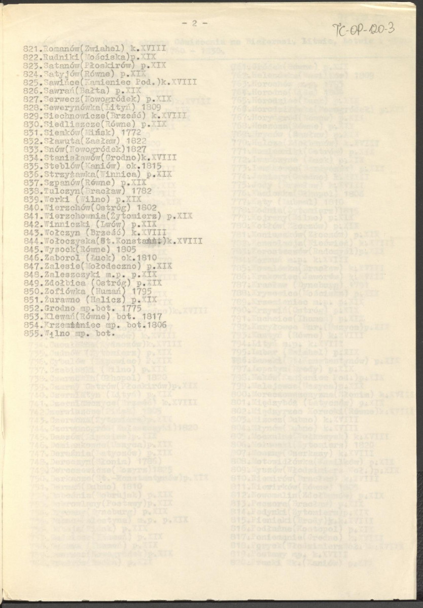 Lista zawieracjąca alfabetyczne, orientacyjne zestawienie miejscowości, w których znajdują się założenia ogrodów doby oświecenia na terenie Białorusi, Litwy, Łotwy i Ukrainy (trzy egzemplarze), skan 4