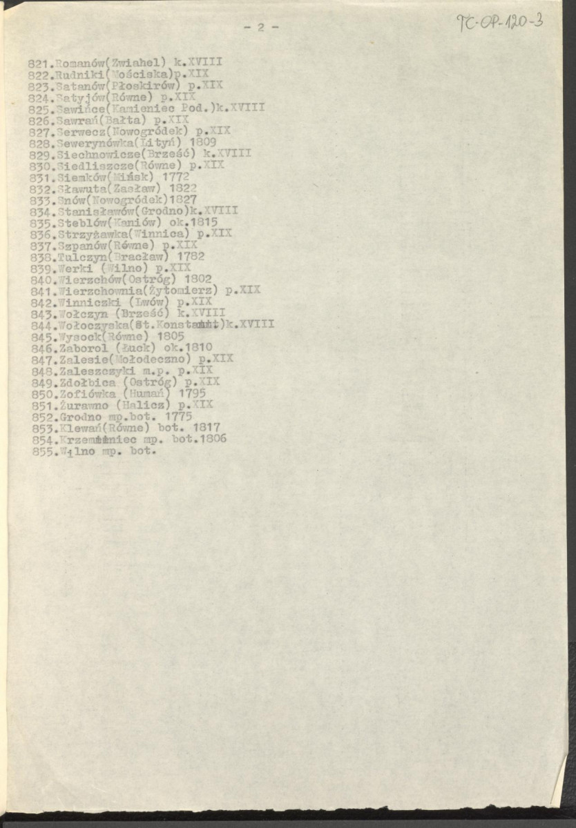 Lista zawieracjąca alfabetyczne, orientacyjne zestawienie miejscowości, w których znajdują się założenia ogrodów doby oświecenia na terenie Białorusi, Litwy, Łotwy i Ukrainy (trzy egzemplarze), skan 6