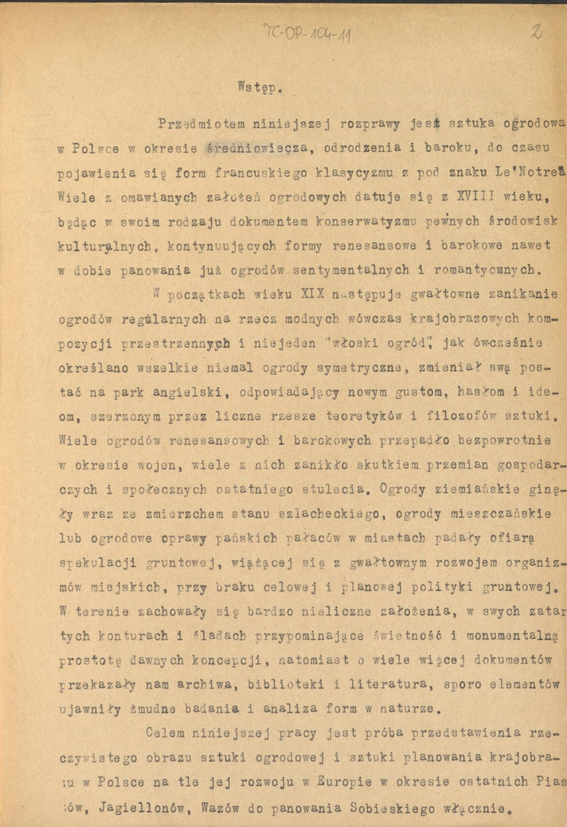 fragment tekstu dotyczący tematu "Ogrody Polskie. Średniowiecze, odrodzenie, barok", wstęp, skan 2