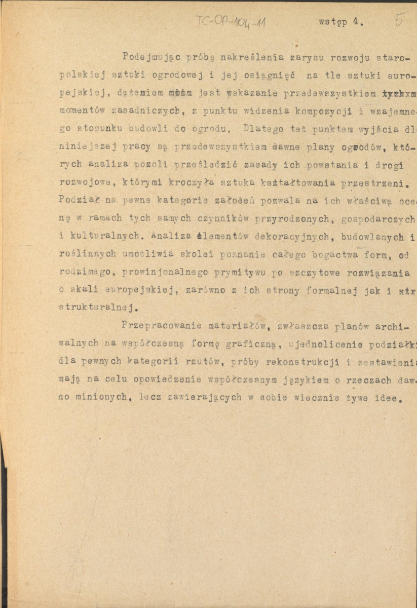 fragment tekstu dotyczący tematu "Ogrody Polskie. Średniowiecze, odrodzenie, barok", wstęp, skan 5