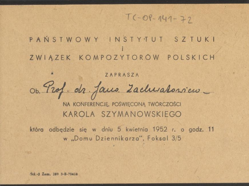 Zaproszenie dla ob. Jana Zachwatowicza na konferencję poświęconą twórczości Karola Szymanowskiego, skan 1