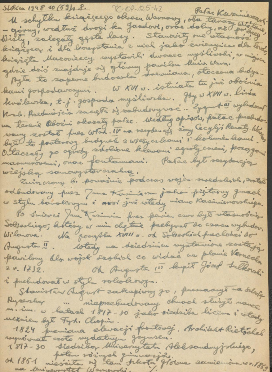 wypis z czasopisma "Stolica", 1948, nr. 10 (69), s. 8 na temat historii Pałacu Kazimierzowskiego w Warszawie oraz wzmianki o przypałacowym botanicznym ogrodzie, skan 1