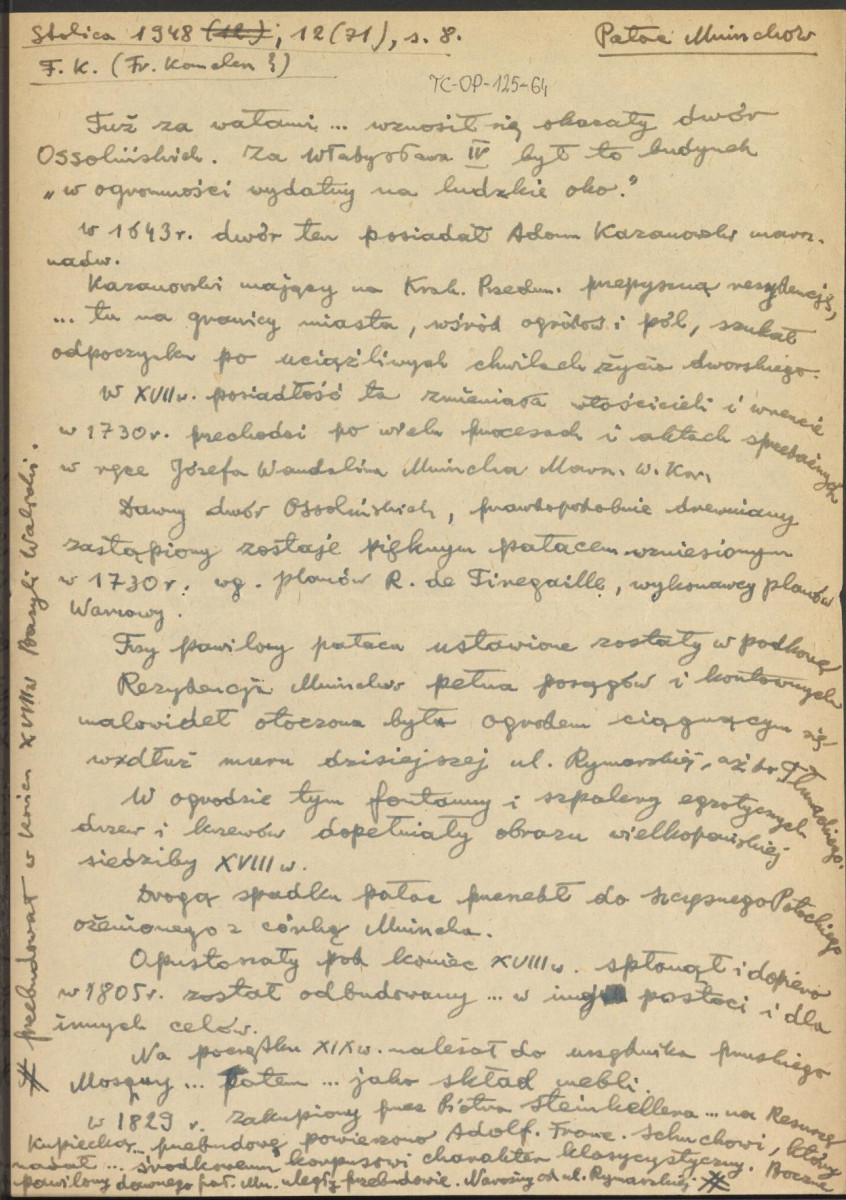 wypis na temat historii właścicieli Pałacu Mniszchów w Warszawie oraz samego założenia pałacowego z czasopisma "Stolica" 1948, 12 (71), skan 1