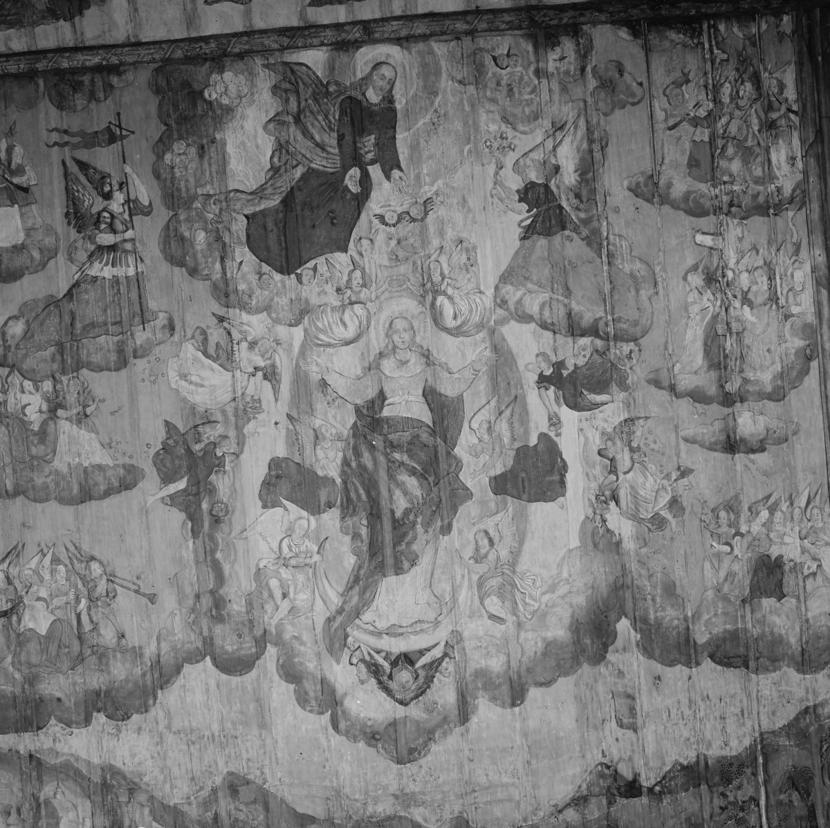 kościół pw. św. Elżbiety Węgierskiej - wnętrze - prezbiterium - strop - polichromia - Wniebowzięcie Najświętszej Marii Panny - fragment, skan 1